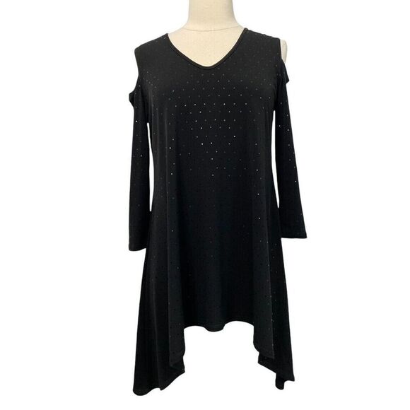 Clara Sun Woo Black Cold Shoulder Tunic Sparkle Reflective Dots Festive Size XS - Picture 8 of 8